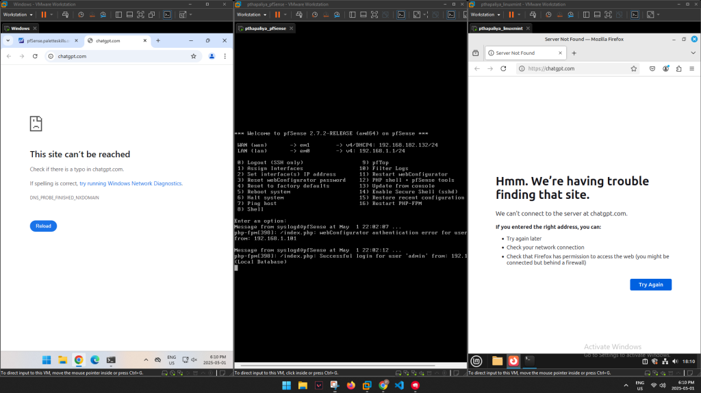 Side-by-side result — Windows blocked, Linux Mint access confirmed