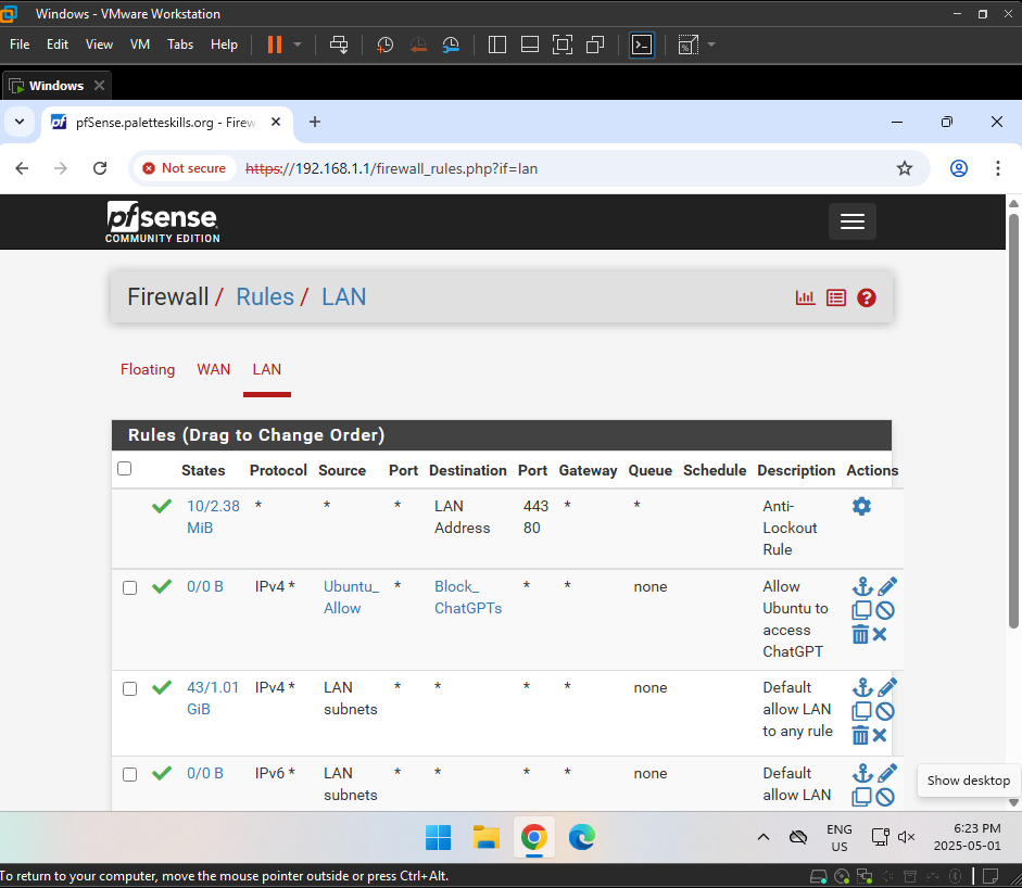 pfSense LAN firewall rules — allow rule above block rule